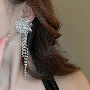 Detail von Blumenohrringen mit Kristallblättern und langen Strass-Quasten am Modell