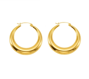 Detail showing high-polish finish on gold hollow drop hoop earrings with glossy texture