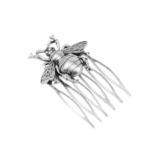 Vintage silver bee hair comb accessory featuring detailed insect wings and six-tooth design