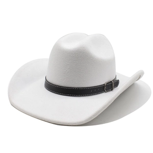 Detail of white felt cowboy hat with black leather band and silver buckle accents