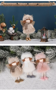 Close-up of plush angel ornaments with knit scarves and glitter wings for Christmas trees
