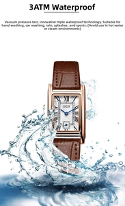 Close-up of square quartz watch showing 3ATM waterproof performance with water splashes