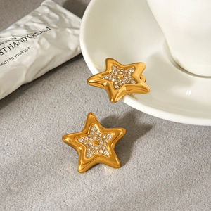 Elegant gold stainless steel star earrings with sparkling crystals for a luxury look