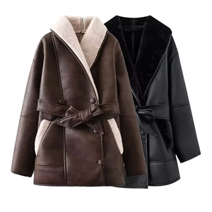Women Faux Leather Fur Integrated Coat Lapel Belted Thick Warm Winter Jacket Long Sleeve Outerwear