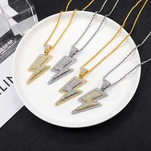 Hip hop lightning bolt pendant necklaces with iced out rhinestones on rope chains