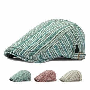 Vintage striped flat cap for men and women with adjustable side buckle