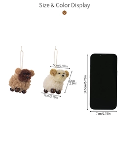 Size comparison of plush felt sheep ornaments with smartphone for scale in cm and inch