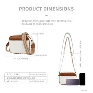 Detailed size chart showing dimensions of the quilted crossbody bag with iPhone comparison