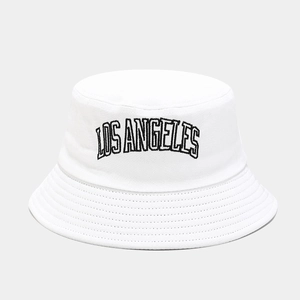 Detailed view of Los Angeles letter embroidery on white cotton bucket hat brim
