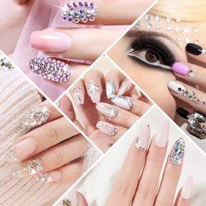 Detailed collage of acrylic nail art designs featuring glitter, gems, and diverse shapes