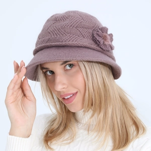Women's knitted floral bucket hat in lotus pink with warm lining for autumn and winter