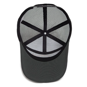 Internal view of a mesh trucker hat with shark patch and reinforced stitching