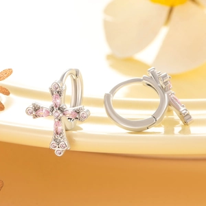 Silver cross hoop earrings with pink zircon stones for a sweet minimalist jewelry style