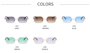 Detail showing rimless hexagonal sunglasses in grey tea blue green and purple lenses