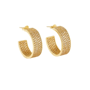 S925 sterling silver gold plated C-shaped wide hoop earrings with paved cubic zirconia stones
