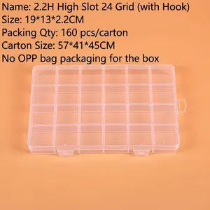 Detailed top view of a 24-compartment transparent storage box, size 19x13x2.2cm