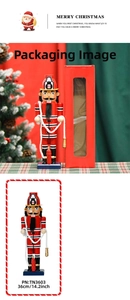 Detail view of 36cm wooden firefighter nutcracker with gift box and dimensions