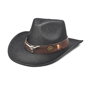 Western Cowboy Hat Glitter Sequins Vintage Wide Brim Jazz Style Faux Leather Band Metal Bull Head Ornament Unisex