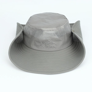 Dark gray wide-brim outdoor fishing hat with breathable mesh and side snap buttons