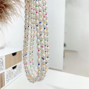 Bohemian freshwater pearl necklace with colorful beads and white baroque pearls for women