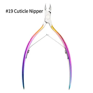 Close-up of rainbow iridescent stainless steel cuticle nipper with double spring model #19