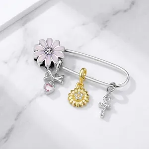 S925 sterling silver safety pin charm with pink heart and sunflower pendants