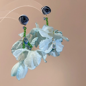 Handmade light blue chiffon flower earrings with green beads and dark blue rose studs