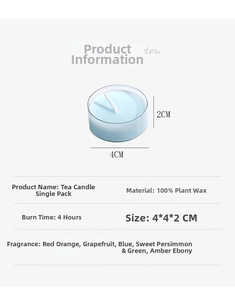 Detailed size parameters of tea candle showing 4x4x2cm dimensions and 100% vegetable wax