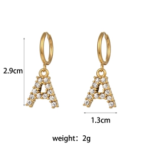 18K gold plated letter A earrings with sparkling cubic zirconia on a white background