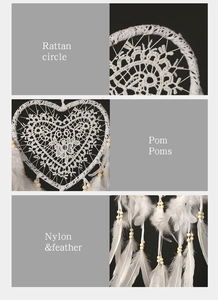 Detail of heart dreamcatcher with rattan circle, feathers, and nylon cord macro view