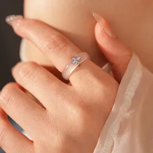 New Chinese style chalcedony ring with metal cross detail for women, minimalist vintage jewelry