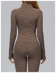 Rear view of brown marl athletic jacket with thumbhole sleeves and slim fit design