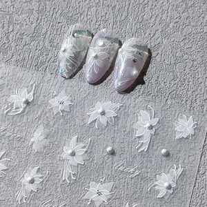 3D Relief Nail Art Stickers White Flower Artificial Pearl Design Embossed Self Adhesive Decals French Elegant DIY Manicure Decor