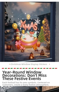 3D Christmas window sticker with XMAS balloon letters and snowman scene decoration