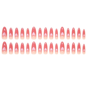 Cat eye press-on nails with pink gradient almond shape and white heart pattern