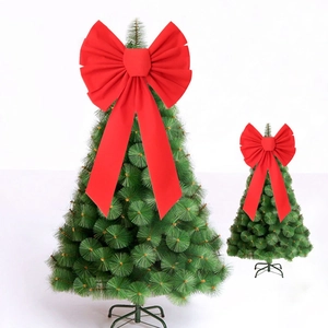 Large Red Velvet Christmas Bow Tree Topper Flocking Hanging Ornament Holiday Decoration Gold Edge Star Pattern