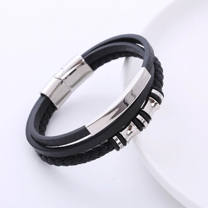 Men's multilayer black braided leather bracelet with stainless steel beads and magnetic clasp