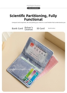 Blue denim texture wallet showing clear ID window, card slots, and banknote compartment