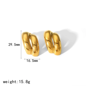 Gold chunky irregular geometric hoop earrings in polished stainless steel with size specs