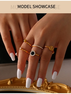 Detailed model showcase of a 5-piece gold-plated titanium steel ring set with crystals