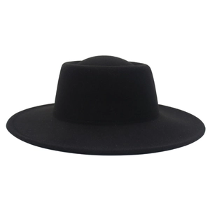 Detailed view of a classic black felt fedora with a flat brim and a high-quality wool texture