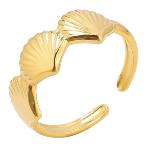 Adjustable golden stainless steel open ring with continuous seashell fan patterns
