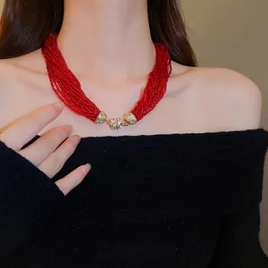 Glamorous Multi-Strand Red Seed Bead Necklace With Alloy Rhinestone Encrusted Ball Clasp Statement Jewelry For Women