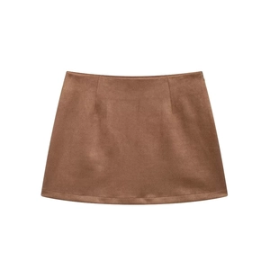 Detailed flat lay of a brown suede-like high-waist A-line mini skirt for women