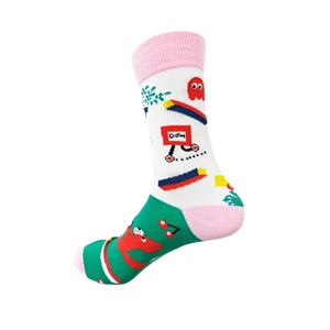 Close-up of crew socks featuring pixel art ghost pattern and vibrant tri-color blocking design