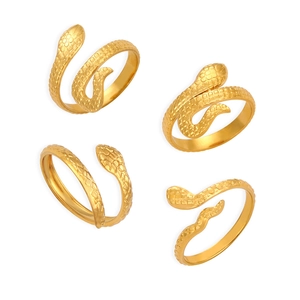 Set of four gold-plated stainless steel snake rings with realistic scale textures