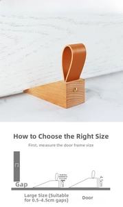 Macro detail of wooden wedge door stoppers with leather loops in two size specifications