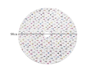 Detail view of a 90cm white Christmas tree skirt with colorful hand-drawn tree patterns