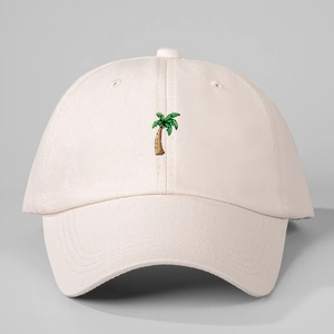 Light pink cotton baseball cap with colorful palm tree embroidery and adjustable strap