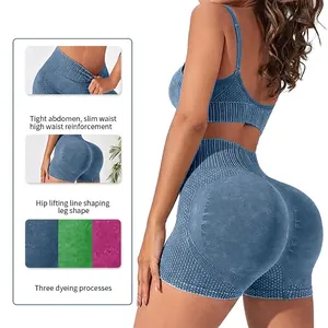 Seamless high waist yoga set with sports bra and scrunch butt shorts in dark grey blue